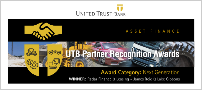 Radar Finance & Leasing’s James Reid and Luke Gibbons receive the UTB Partner Recognition ‘Next Generation’ Award